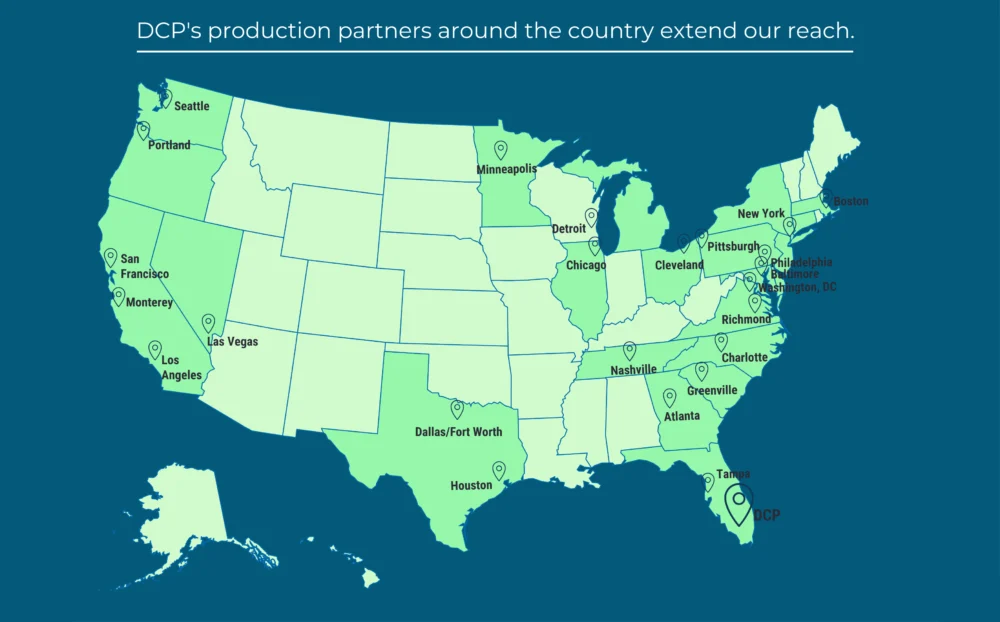 Digital Cut Productions national video production partner network map showing 25 markets across the United States
